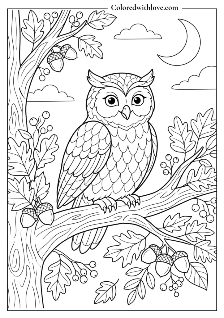 Fall coloring page featuring a friendly owl perched on a tree branch surrounded by autumn leaves, acorns, berries, clouds, and a moon.