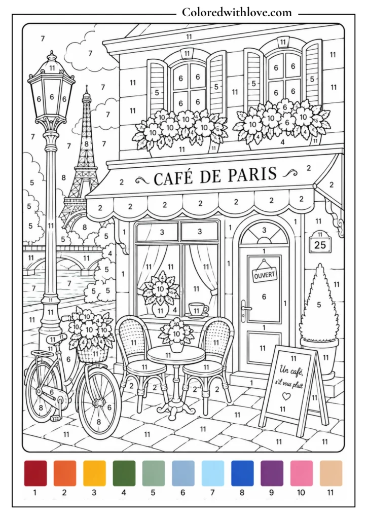 Adult color by number Parisian cafe coloring page with tables, chairs, flowers, bicycle and elegant facade