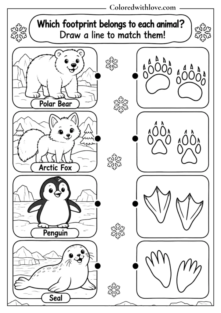 Winter animal footprints coloring activity with rabbit, fox, deer, bird and bear