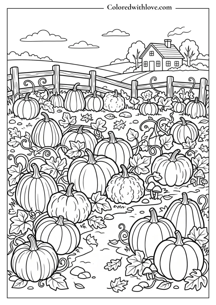 Fall coloring page featuring a pumpkin patch with pumpkins, curling vines, autumn leaves, mushrooms, a wooden fence, and a farmhouse.
