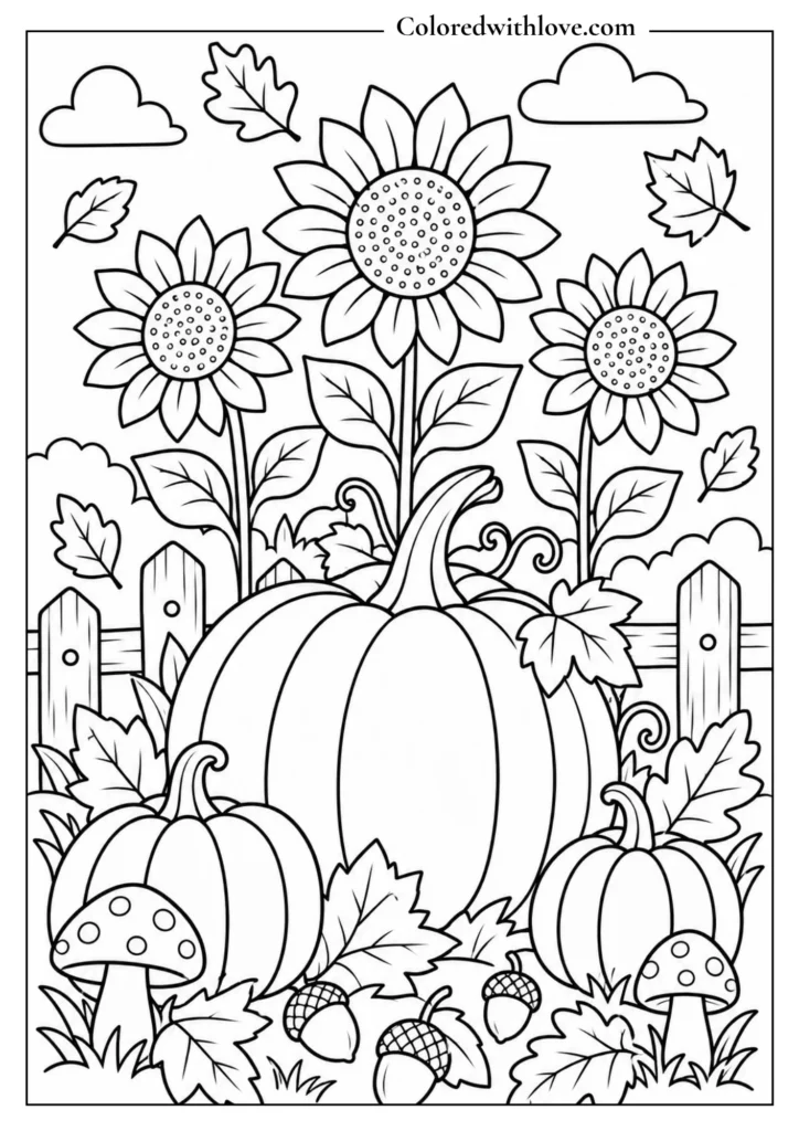 Fall coloring page featuring large pumpkins surrounded by sunflowers, autumn leaves, acorns, mushrooms, vines, and a wooden fence in a cozy harvest garden scene.