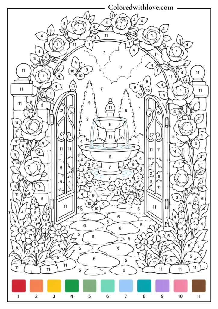 Adult color by number secret garden gate coloring page with roses, vines, fountain, trees and butterflies