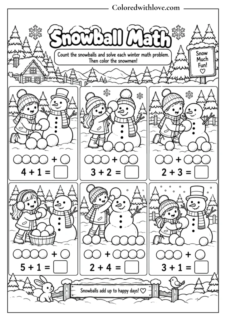 Snowball math addition coloring activity with winter snowmen for kids