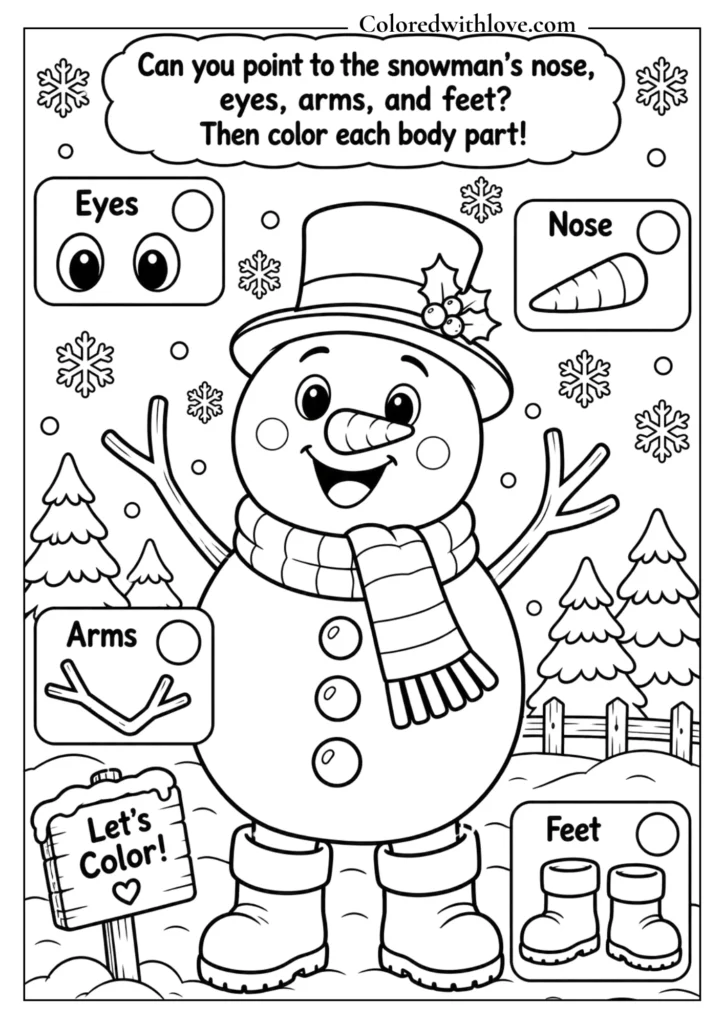Snowman body parts educational coloring activity for kids