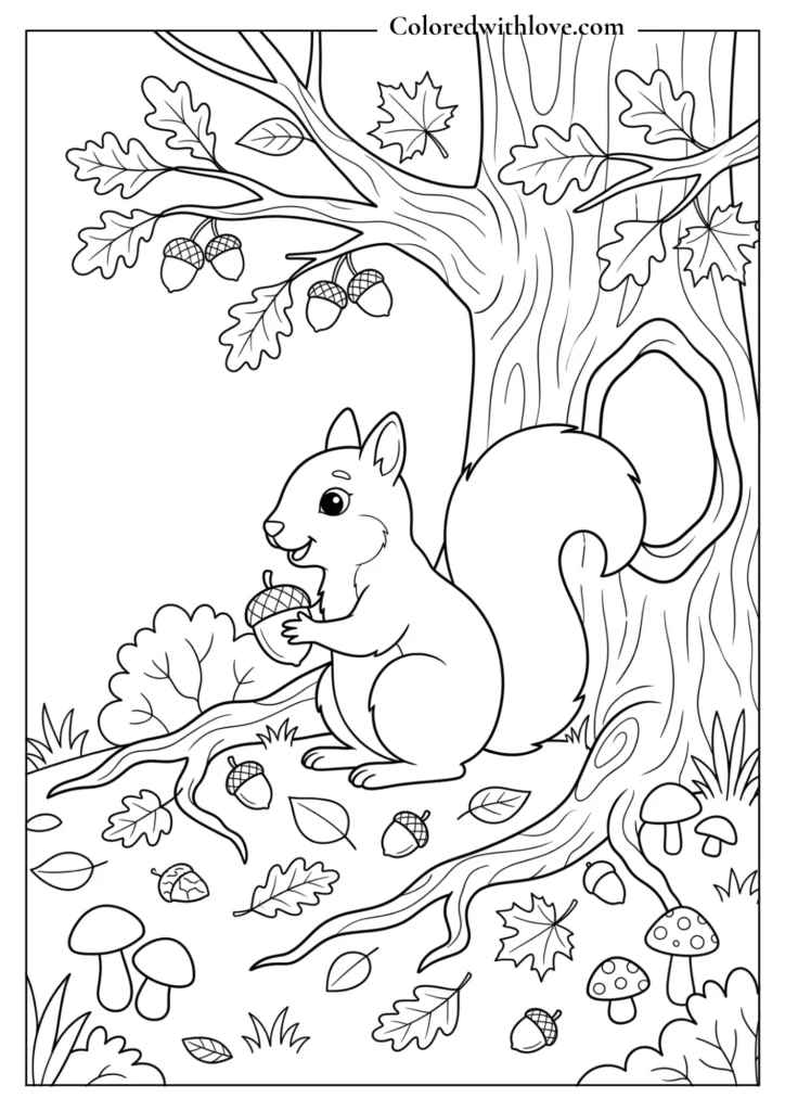 Fall coloring page showing a cute squirrel gathering an acorn beside a tree surrounded by leaves, mushrooms, acorns, and bushes.