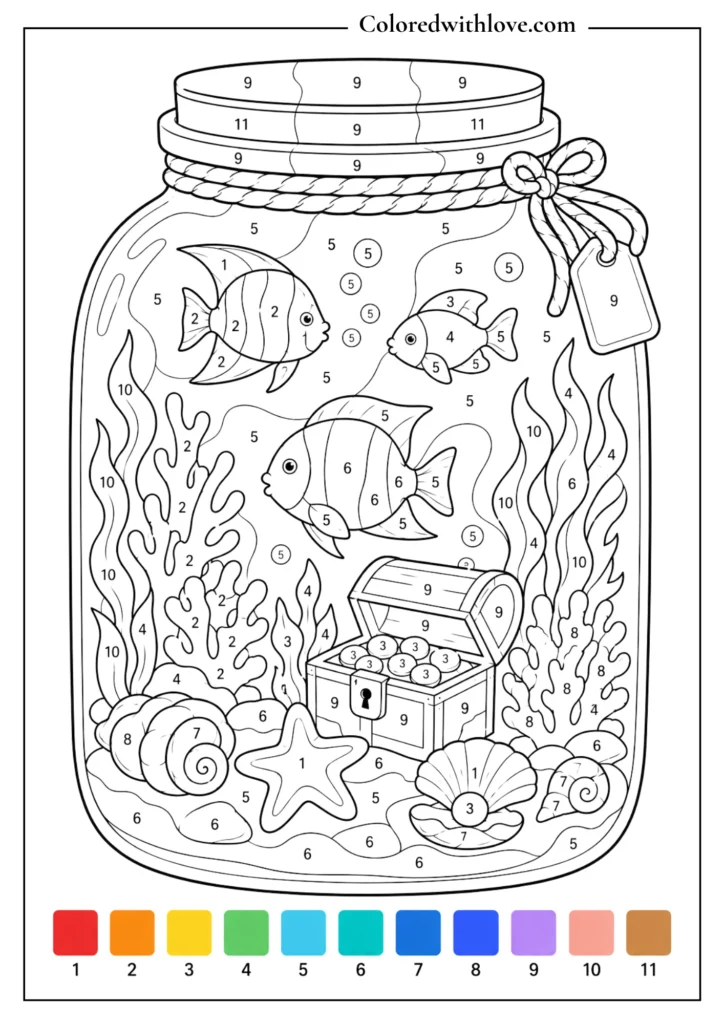 Adult color by number underwater world in a jar coloring page with tropical fish, coral and seaweed