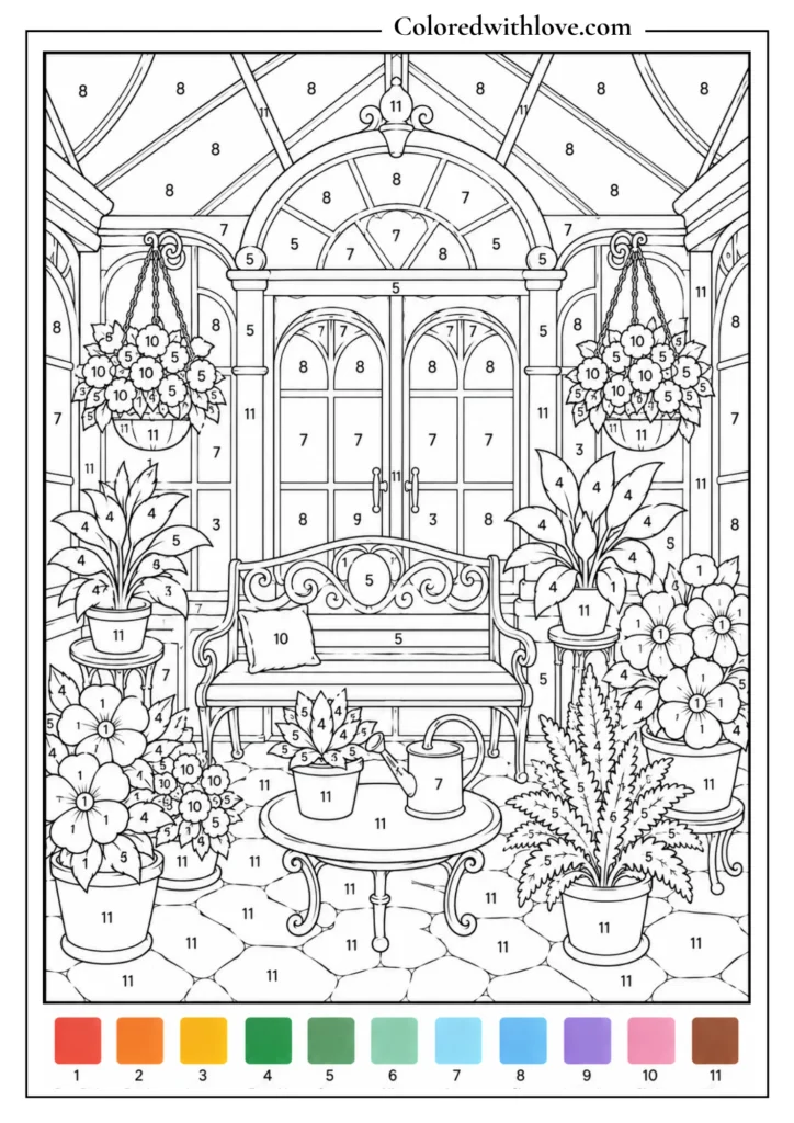Adult color by number Victorian greenhouse coloring page with flowers, potted plants, ferns and hanging baskets