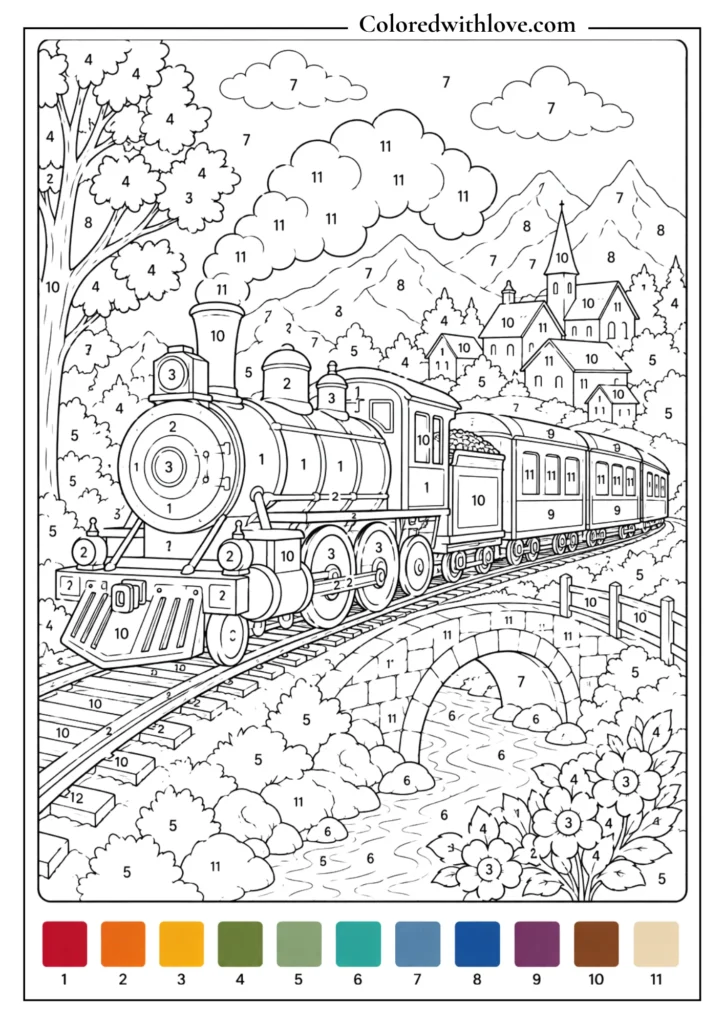 Adult color by number vintage train coloring page with steam locomotive, railway, mountains, trees and village