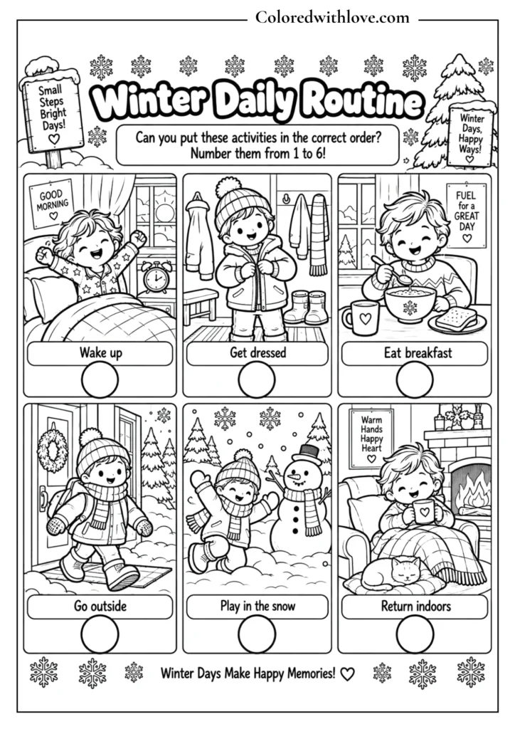 Winter daily routine sequencing coloring activity with six everyday activities
