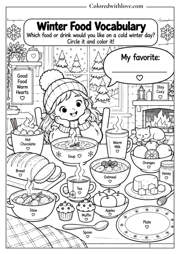Winter food vocabulary coloring activity with hot chocolate, soup, milk, bread and fruit