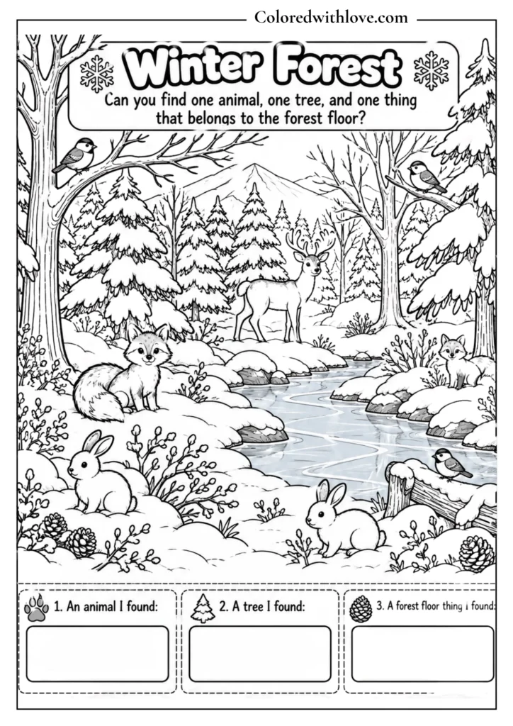 Winter forest educational coloring page with animals, trees and forest floor objects