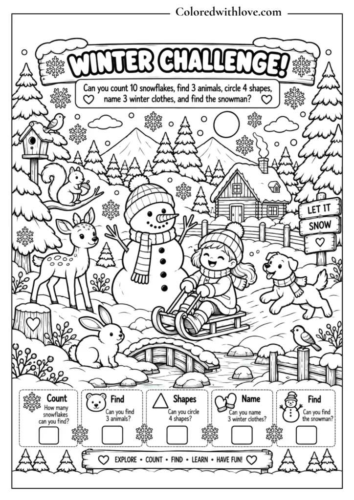Winter learning challenge coloring activity with counting, shapes, animals and winter vocabulary