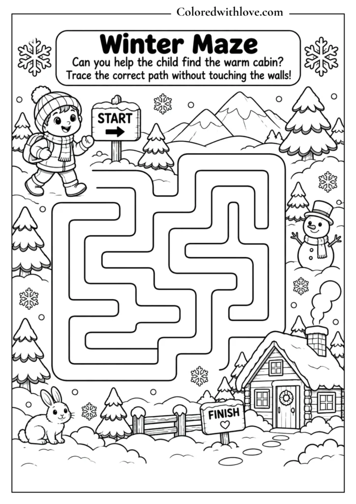 Winter maze activity for kids leading from a snowy start to a warm cabin