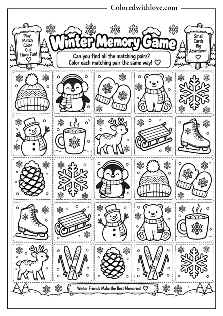 Winter memory matching game coloring activity with 20 cards and 10 matching pairs