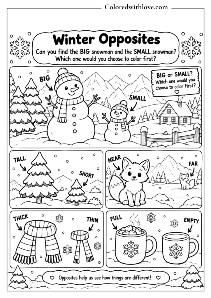 Winter opposites coloring activity with big and small snowmen, tall and short trees