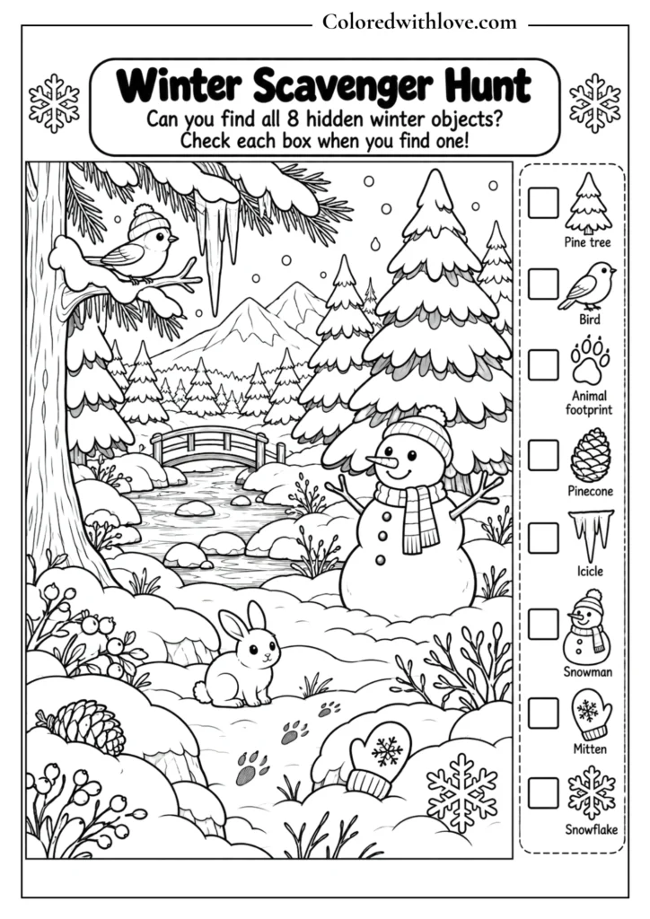 Winter scavenger hunt coloring activity with snowflake, mitten, pinecone and snowman