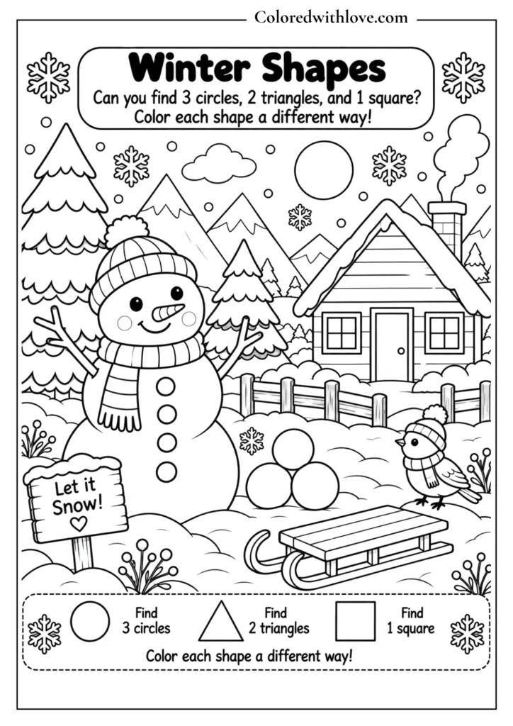 Winter shapes coloring activity for kids with circles, triangles and squares