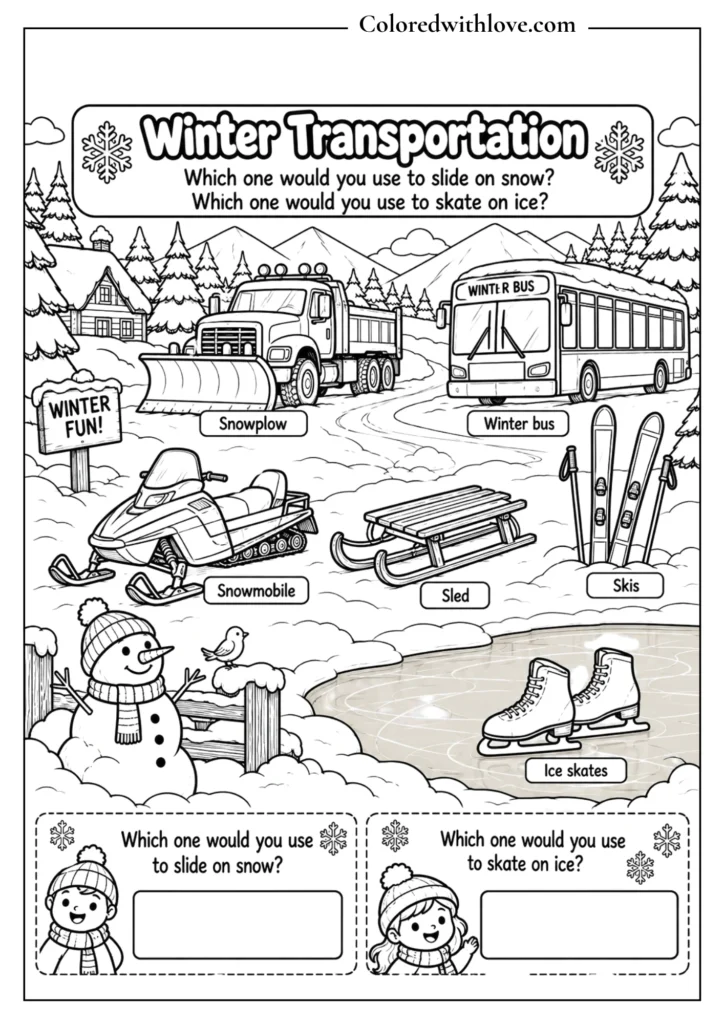 Winter transportation coloring activity with sled, skis, ice skates, bus and snowplow