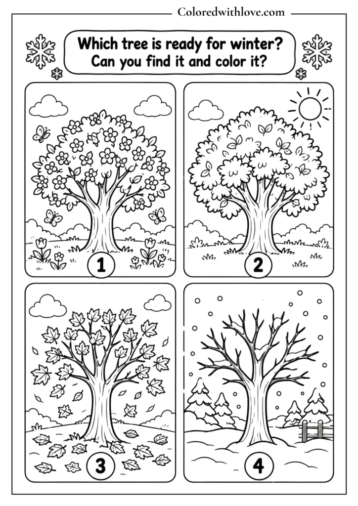 Which tree is ready for winter educational coloring activity for children