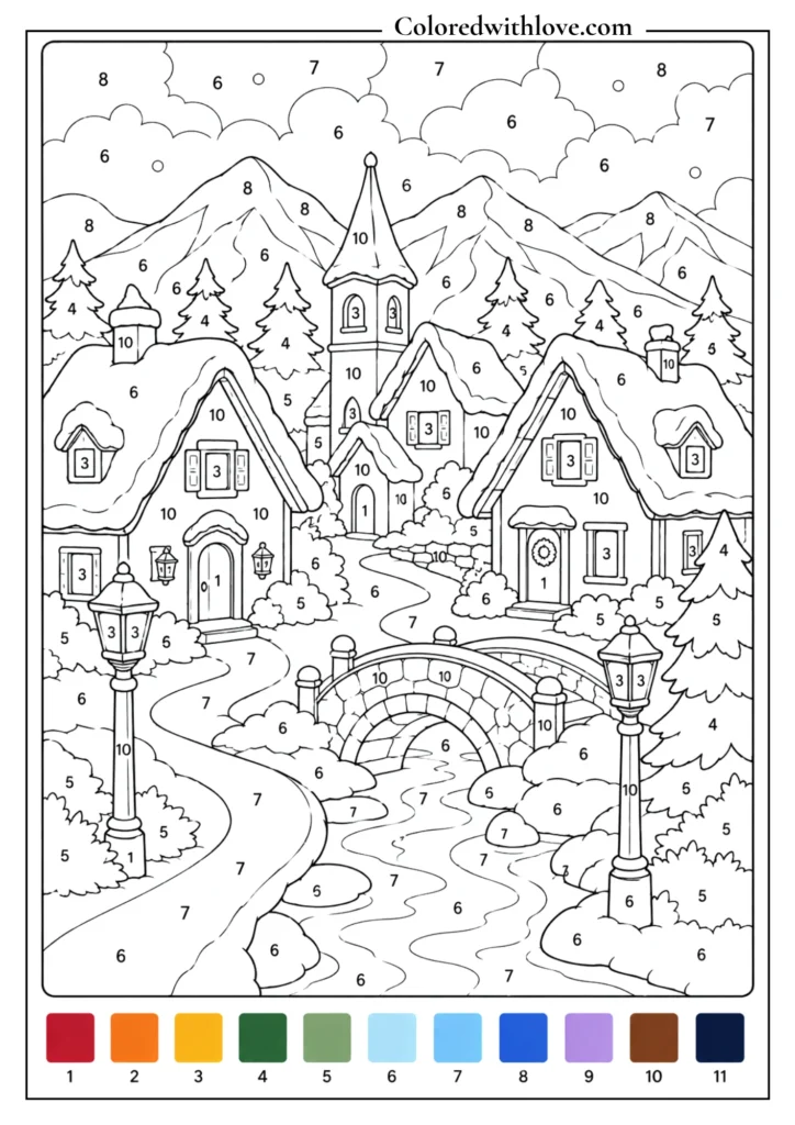 Adult color by number winter village coloring page with snowy cottages, pine trees, bridge and mountains