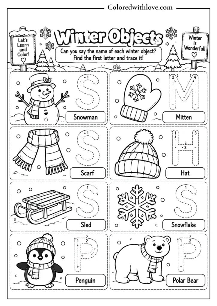 Winter objects vocabulary and beginning letter coloring activity for kids