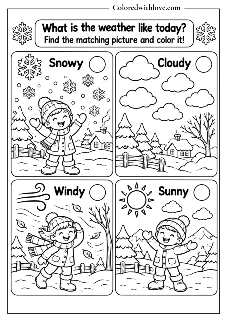 Winter weather matching activity with snowy, cloudy, windy and sunny weather
