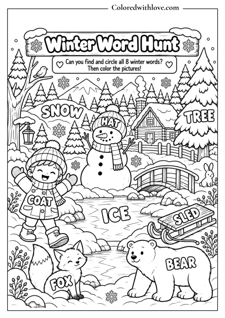 Winter word hunt coloring activity featuring snow, ice, hat, coat, fox, bear, tree and sled