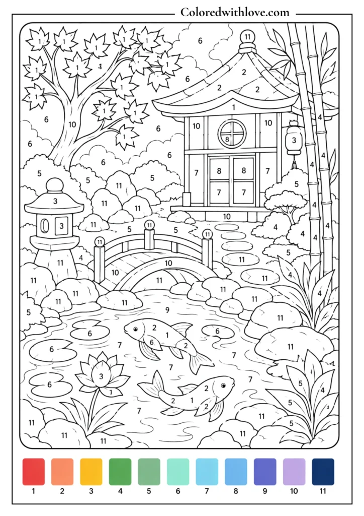 Adult color by number Japanese garden coloring page with tea house, koi pond, bridge, bamboo and lantern